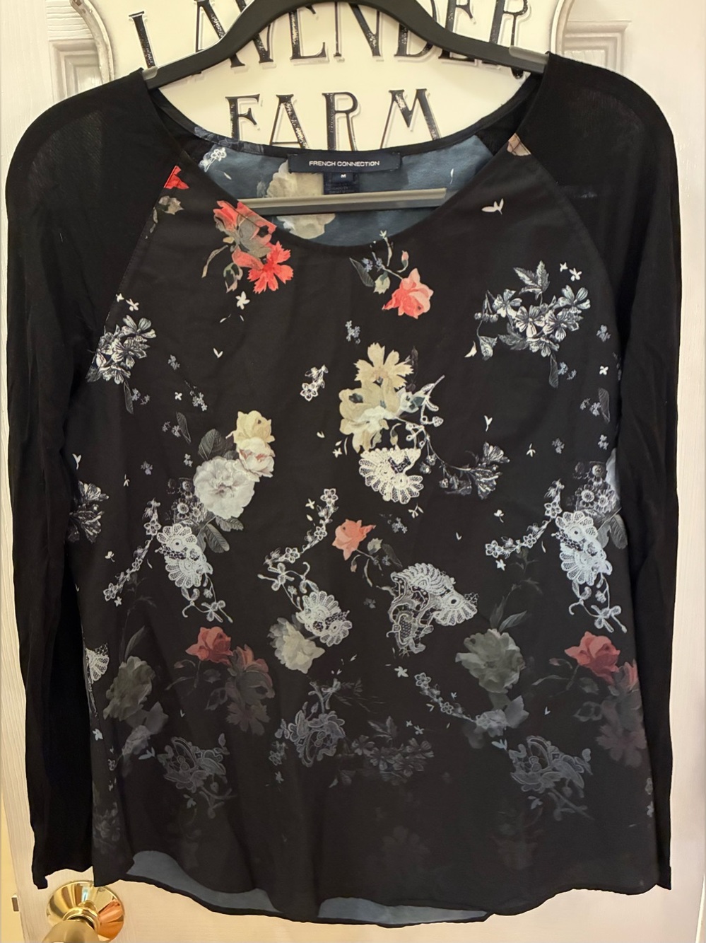 French Connection Black Floral Raglan Top with Cream and Red Flowers